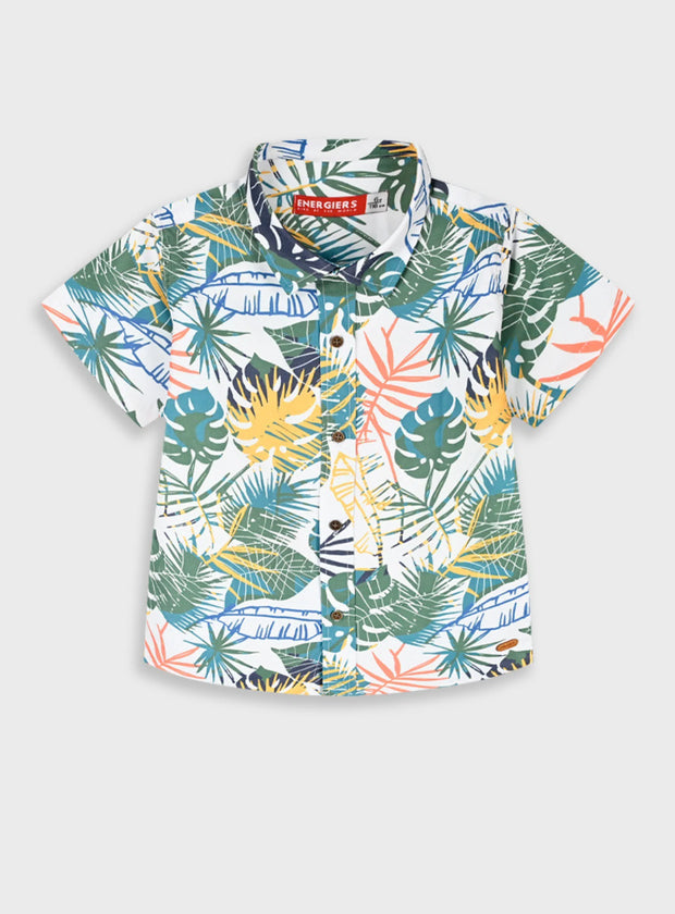 Παιδικό κοντομάνικο πουκάμισο Energiers λευκό με tropical φύλλα σε πράσινες και μπλε αποχρώσεις