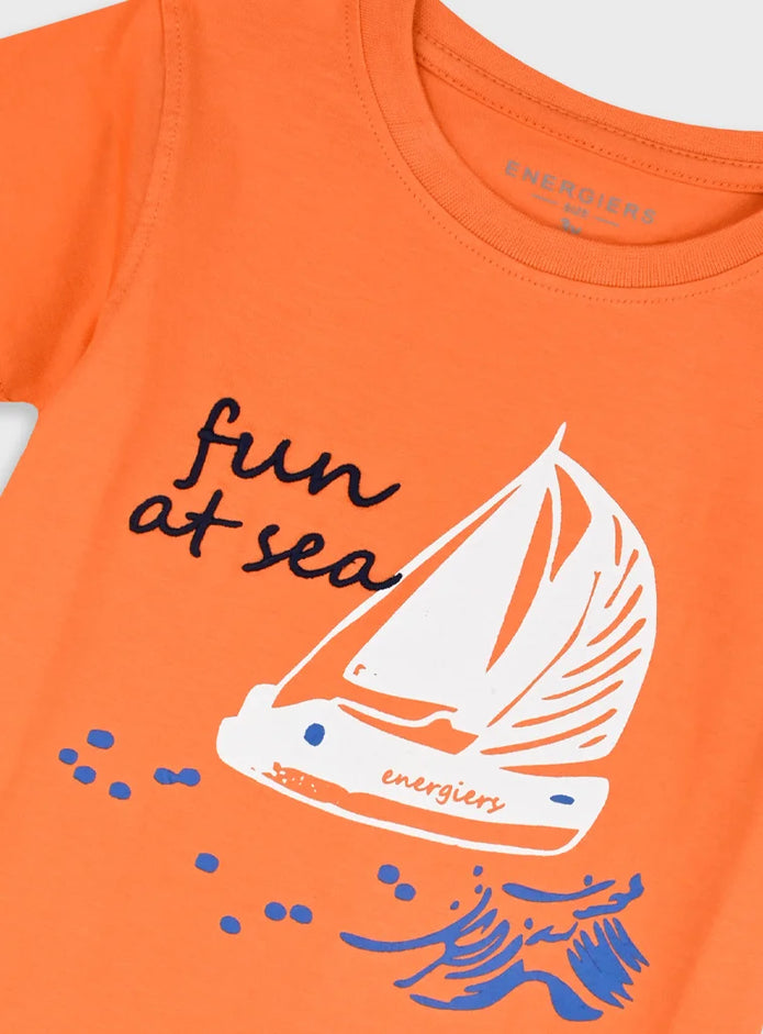 παιδικό t-shirt Energiers πορτοκαλί με print fun at sea ιστιοπλοϊκό 100% βαμβάκι