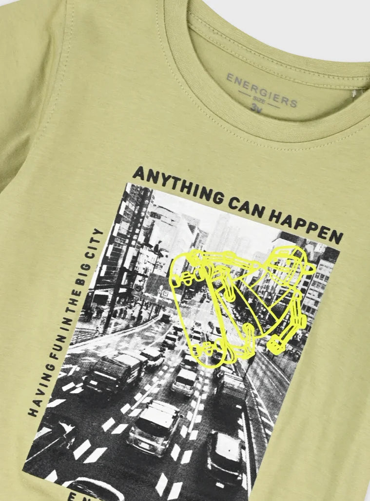 παιδικό σετ Energiers μπεζ μπλούζα με print anything can happen και μαύρο σορτσάκι 100% βαμβάκι
