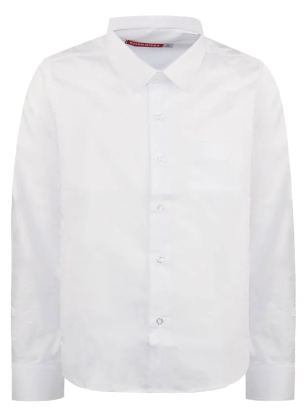 Παιδικό λευκό πουκάμισο με μακριά μανίκια και κλασικό γιακά. Διαθέτει κουμπιά μπροστά, ιδανικό για επίσημες περιστάσεις και κομψές εμφανίσεις.