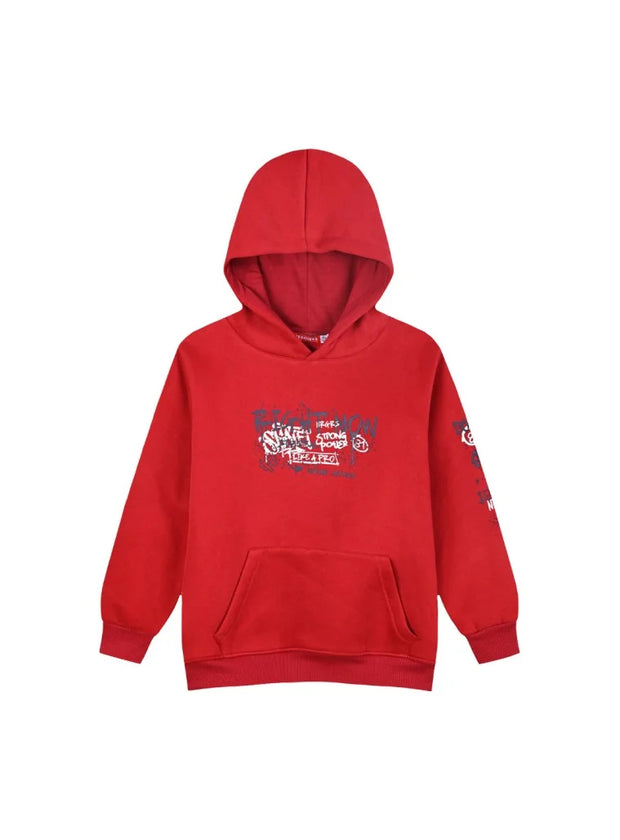 Παιδικό κόκκινο φούτερ με κουκούλα και τύπωμα 'Right Now', ιδανικό για άνετο καθημερινό στυλ.