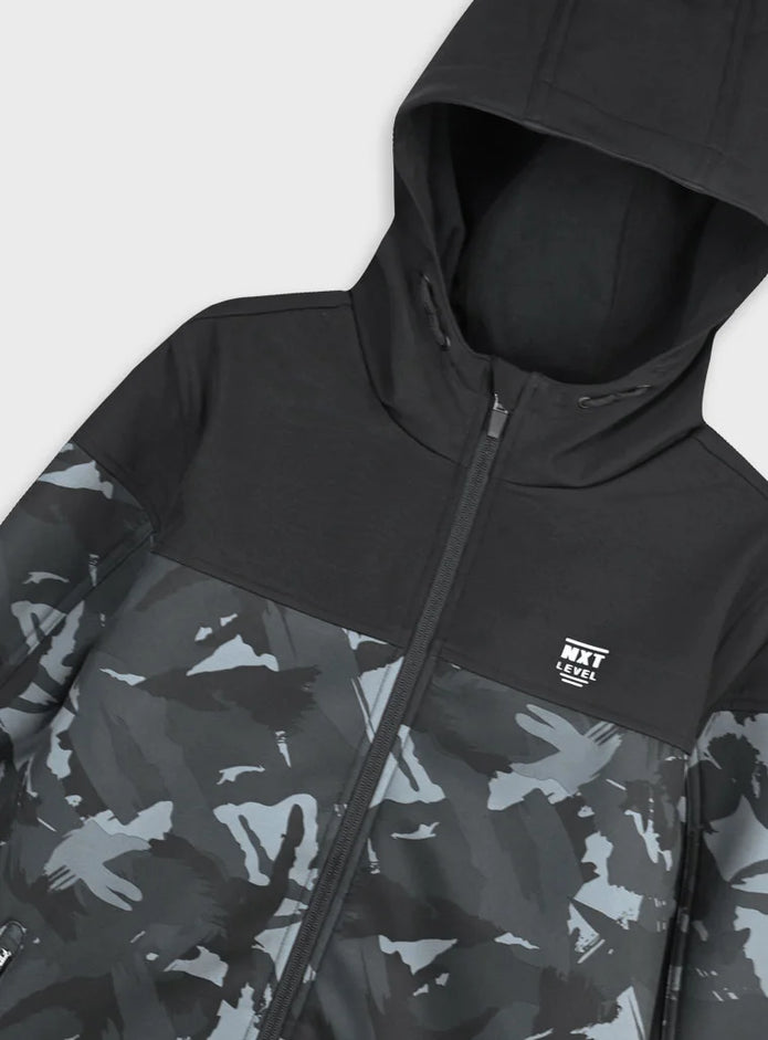 Παιδικό μπουφάν Energiers με κουκούλα και γκρι καμουφλάζ, πίσω όψη.