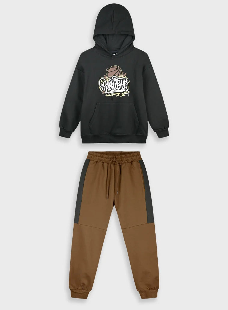 Energiers παιδικό σετ για αγόρι μπορντό φούτερ με κουκούλα Basketball και μαύρο παντελόνι φόρμας