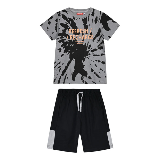 Σετ παιδικού t-shirt με μοντέρνο σχέδιο και βερμούδα σε πράσινο και γκρι χρώμα