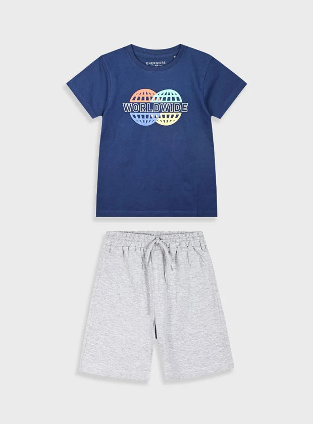 Παιδικό σετ για αγόρι Energiers με μπλε μπλούζα "Worldwide" και γκρι σορτς