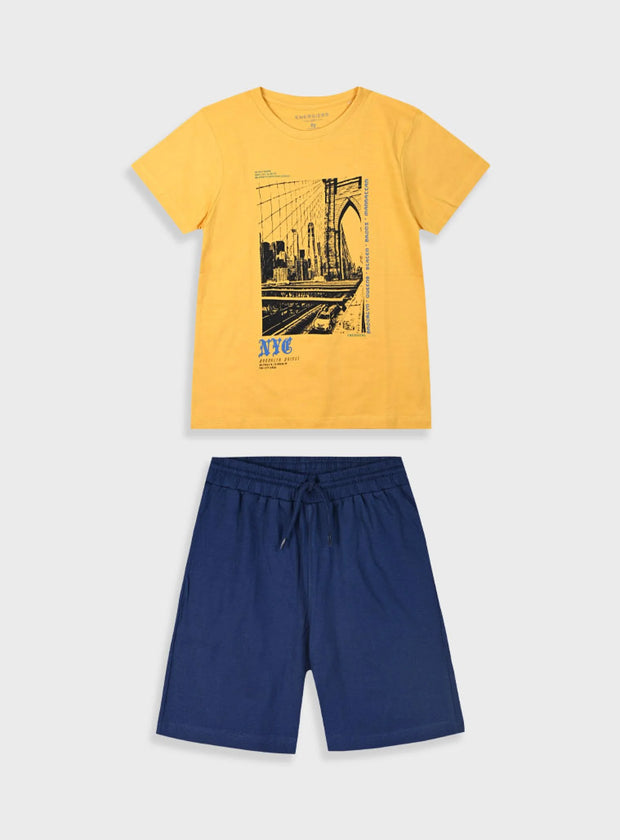 Παιδικό καλοκαιρινό σετ Energiers με κίτρινη μπλούζα NYC Brooklyn Bridge και μπλε σορτσάκι