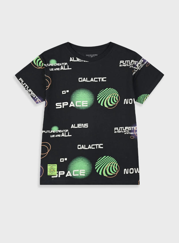Μπροστινή όψη μαύρου t-shirt Energiers με τύπωμα "GALACTIC" και "ALIENS"