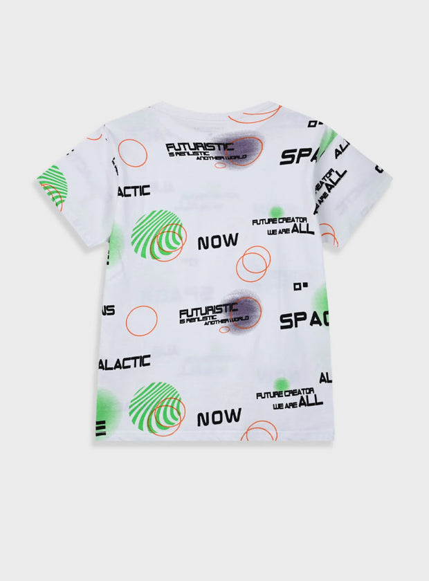 Πίσω όψη παιδικού t-shirt με τύπωμα Space και Galactic σε λευκό φόντο