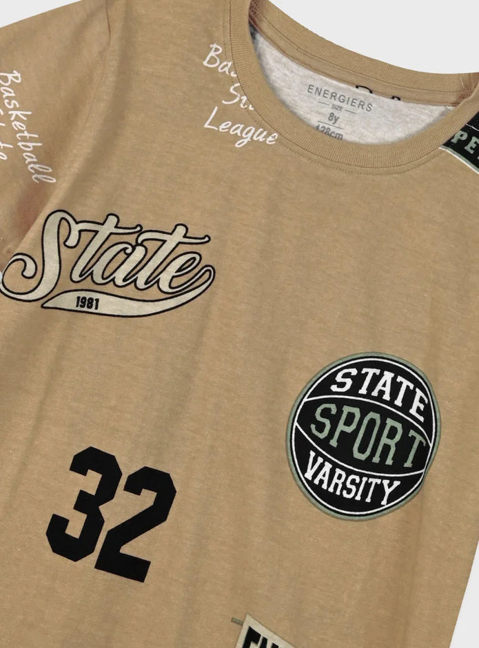 Παιδικό σετ Energiers με μπεζ μπλούζα με στάμπες και μαύρη βερμούδα