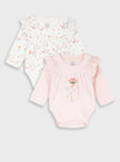 Σετ 2 βρεφικά κορμάκια Energiers σε ροζ και εκρού με βολάν και τυπώματα ποντικάκι