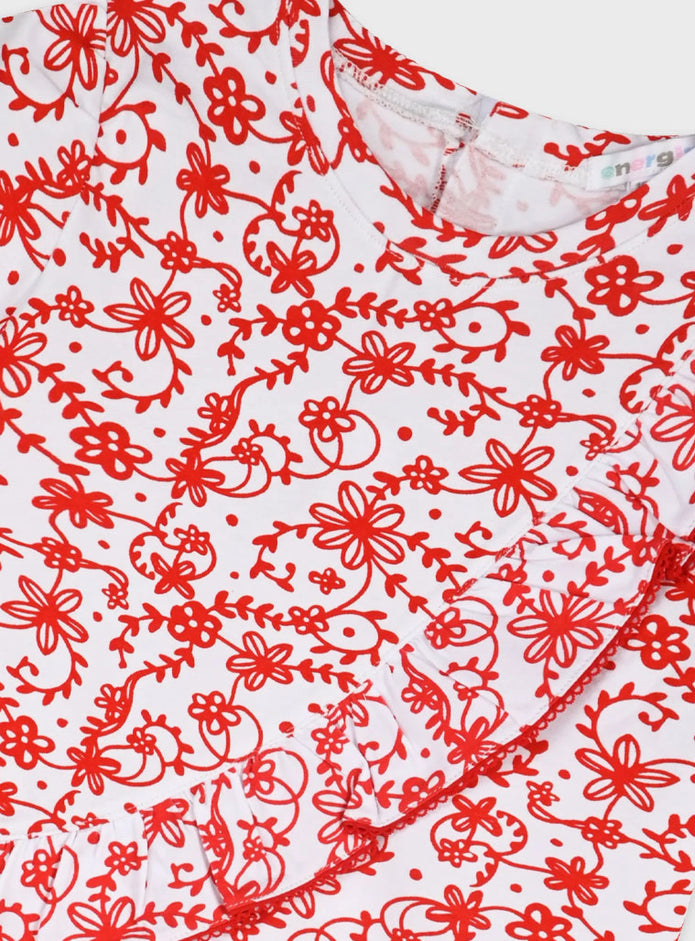Παιδικό σετ Energiers με λευκή μπλούζα και κόκκινο floral μοτίβο και κόκκινο σορτσάκι για κορίτσια
