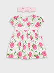 Βρεφικό φόρεμα Energiers εκρού με ροζ λουλούδια και ασορτί στέκα με φιόγκο