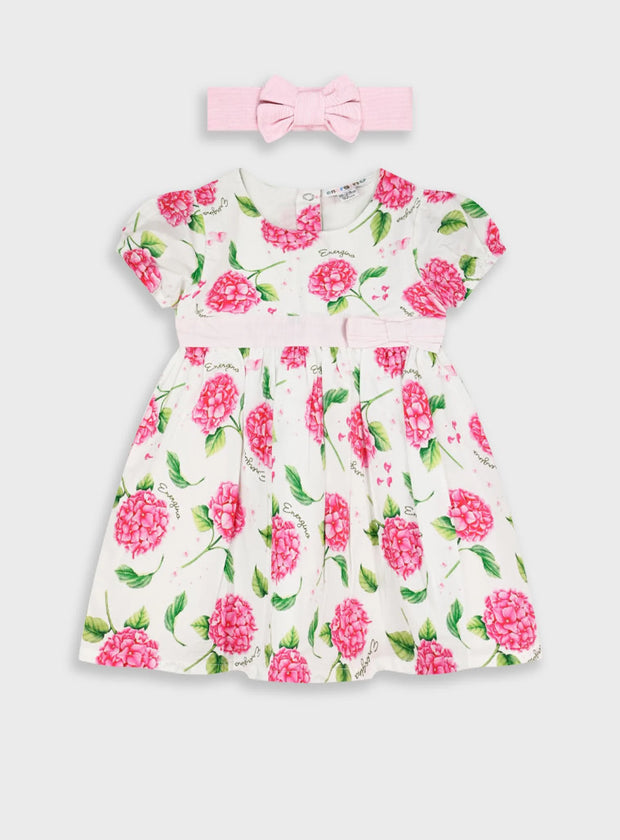 Βρεφικό φόρεμα Energiers εκρού με ροζ λουλούδια και ασορτί στέκα με φιόγκο