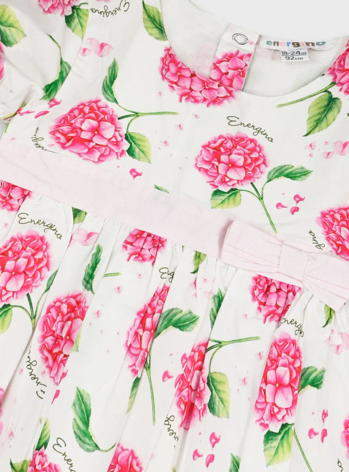 Βρεφικό φόρεμα Energiers εκρού με ροζ λουλούδια και ασορτί στέκα με φιόγκο