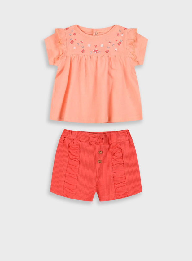 Βρεφικό καλοκαιρινό σετ Energiers για κορίτσια με σομόν μπλούζα και κόκκινο ριμπ σορτς με βολάν