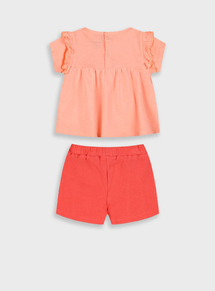 Βρεφικό καλοκαιρινό σετ Energiers για κορίτσια με σομόν μπλούζα και κόκκινο ριμπ σορτς με βολάν