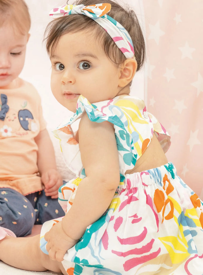 Βρεφικό σετ Energiers με πολύχρωμο φλοράλ φόρεμα με βολάν, κορδέλα και βρακάκι
