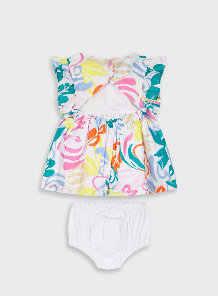 Βρεφικό σετ Energiers με πολύχρωμο φλοράλ φόρεμα με βολάν, κορδέλα και βρακάκι