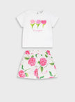 Βρεφικό σετ κορίτσι Energiers με λευκή μπλούζα και 3D λουλούδια και σορτσάκι με φούξια φλοράλ print