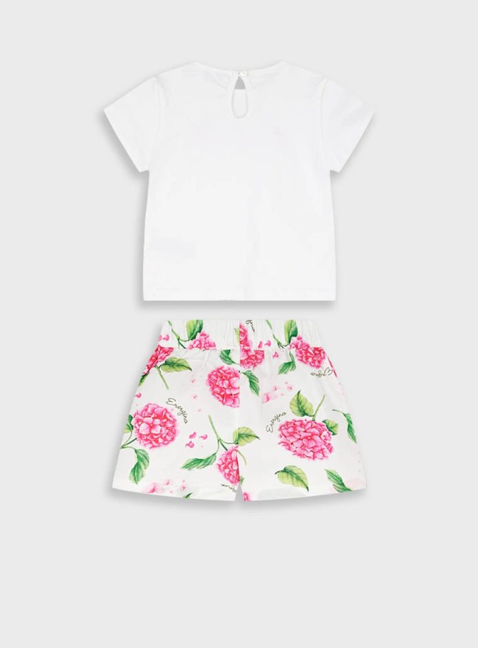 Βρεφικό σετ κορίτσι Energiers με λευκή μπλούζα και 3D λουλούδια και σορτσάκι με φούξια φλοράλ print