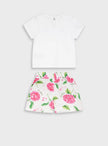 Βρεφικό σετ κορίτσι Energiers με λευκή μπλούζα και 3D λουλούδια και σορτσάκι με φούξια φλοράλ print