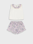 Βρεφικό σετ Energiers με εκρού μπλουζάκι με λουλουδάτο γιακά και φλοράλ σορτσάκι σε μωβ και ροζ αποχρώσεις