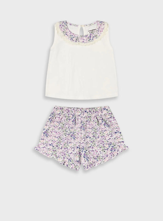 Βρεφικό σετ Energiers με εκρού μπλουζάκι με λουλουδάτο γιακά και φλοράλ σορτσάκι σε μωβ και ροζ αποχρώσεις