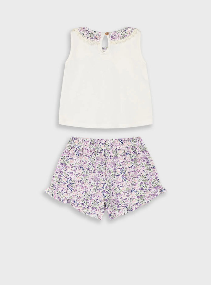 Βρεφικό σετ Energiers με εκρού μπλουζάκι με λουλουδάτο γιακά και φλοράλ σορτσάκι σε μωβ και ροζ αποχρώσεις