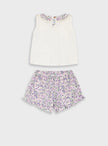 Βρεφικό σετ Energiers με εκρού μπλουζάκι με λουλουδάτο γιακά και φλοράλ σορτσάκι σε μωβ και ροζ αποχρώσεις