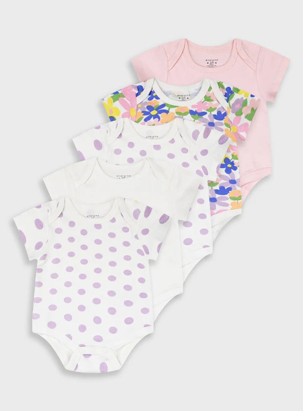 Energiers σετ 5 βρεφικά κορμάκια κορίτσι με λουλούδια πουά και ροζ σχέδιο