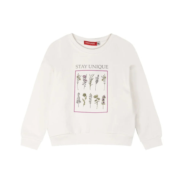 Κοριτσίστικο  φούτερ "Stay Unique" με λουλουδάτο σχέδιο, διαθέσιμο σε λευκό και ροζ χρώμα, ιδανικό για άνετες και κομψές καθημερινές εμφανίσεις για κορίτσι 