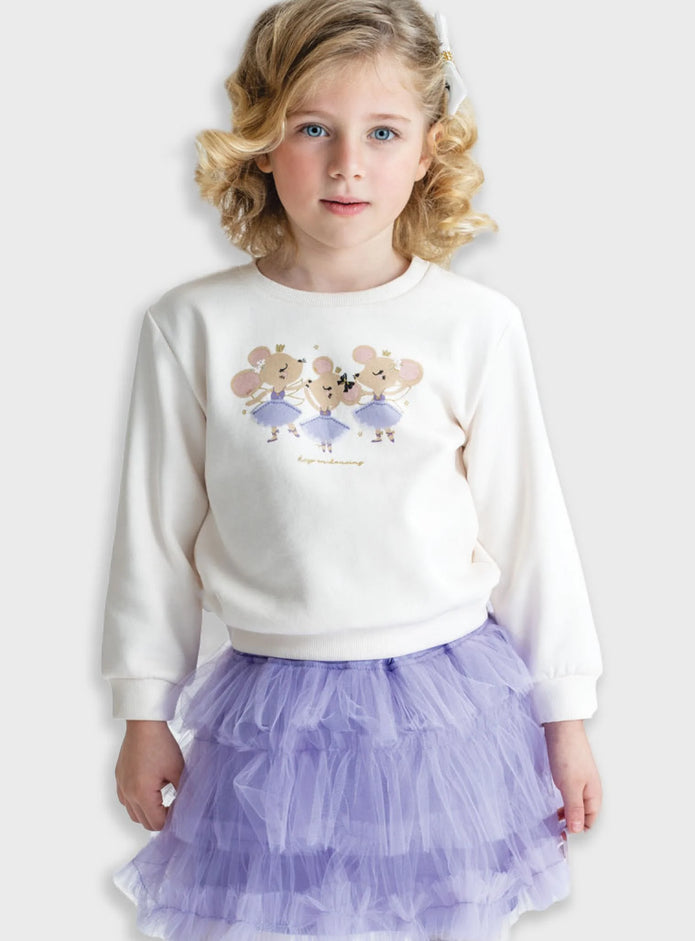 Παιδική τούλινη φούστα Energiers σε λιλά χρώμα με σατινέ λάστιχο στη μέση και πολλαπλές στρώσεις τούλι, ιδανική για κοριτσίστικες εμφανίσεις.