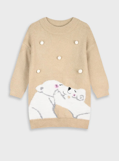 Παιδικό πλεκτό φόρεμα Energiers σε μπεζ απόχρωση με διακοσμητικά πουά και σχέδιο αρκουδάκια (μπροστινή όψη).
