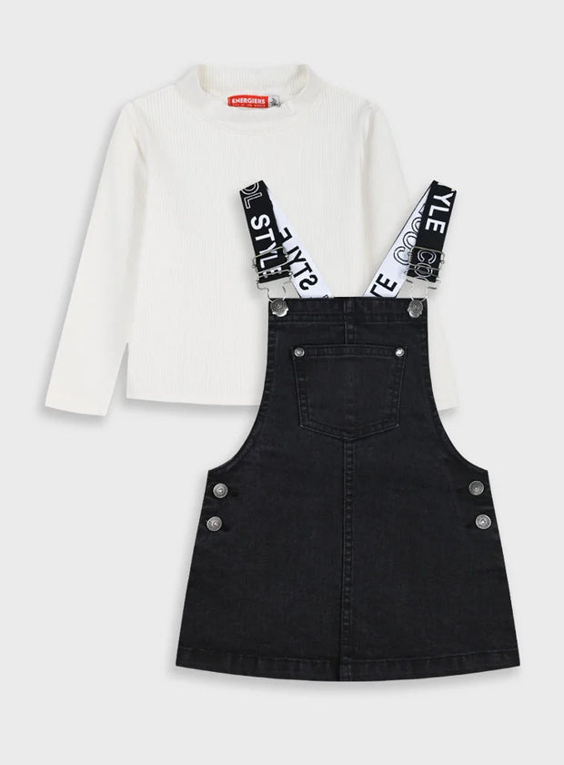 Παιδικό σετ Energiers με μαύρη τζιν σαλοπέτα και λευκό ζιβάγκο για κορίτσι (μπροστινή όψη).