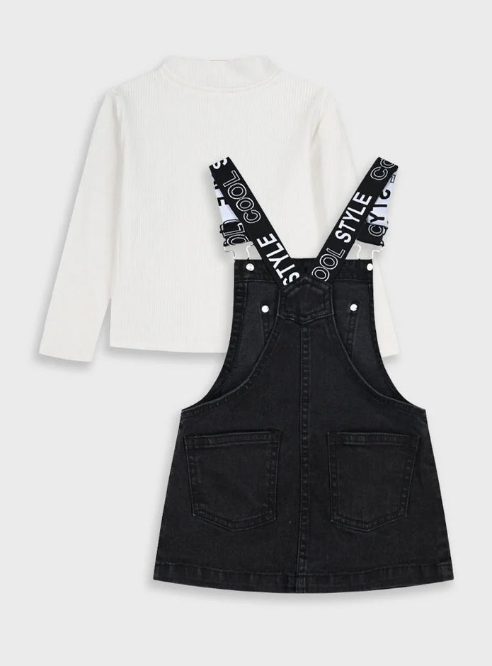 Παιδικό σετ Energiers με μαύρη τζιν σαλοπέτα και λευκό ζιβάγκο για κορίτσι (πίσω όψη).