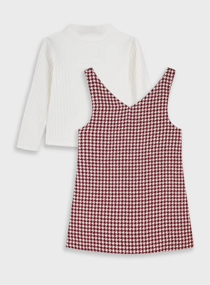 Παιδικό σετ Energiers με καρό φόρεμα μπορντό-εκρού και λευκό ζιβάγκο για κορίτσι (πίσω όψη).