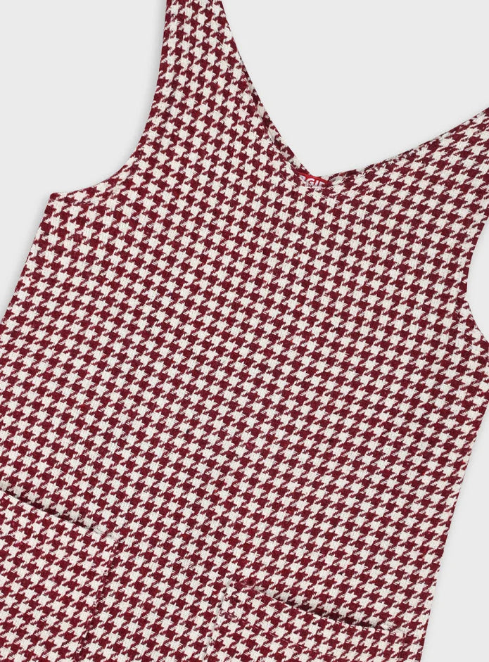 Λεπτομέρεια υφάσματος σε καρό μοτίβο pied de poule μπορντό-εκρού του φορέματος Energiers.