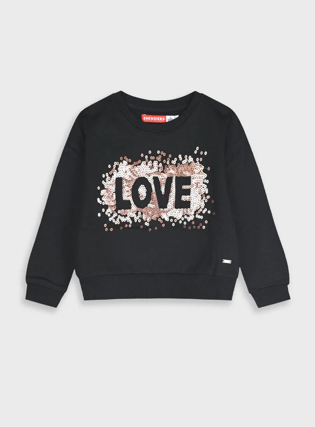 Παιδικό φούτερ Energiers μαύρο με στάμπα παγιέτες "LOVE" (μπροστινή όψη).