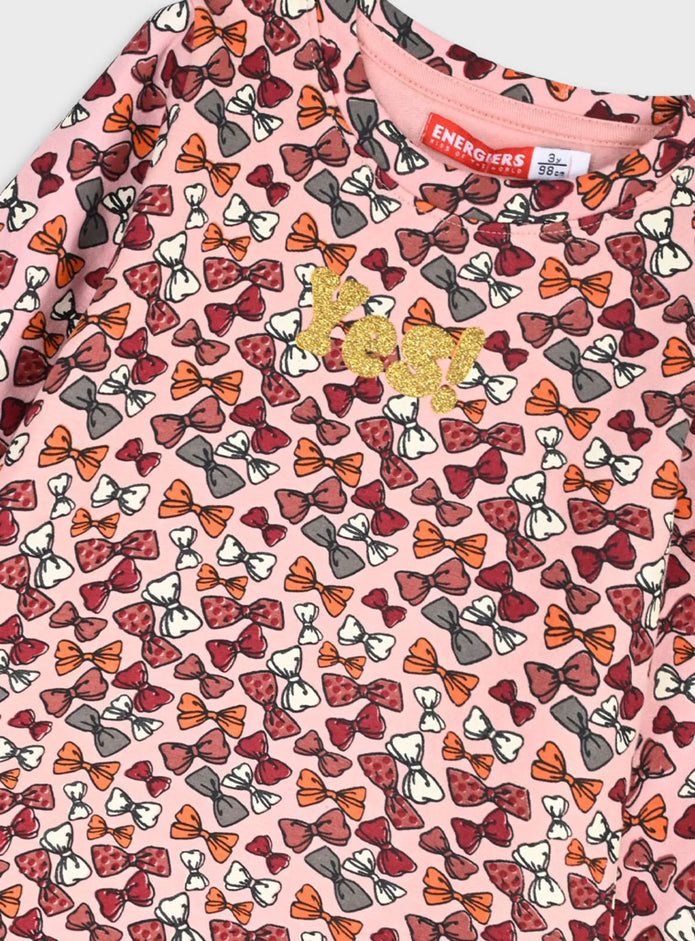 Παιδικό ροζ φόρεμα Energiers με πολύχρωμους φιόγκους και glitter στάμπα 