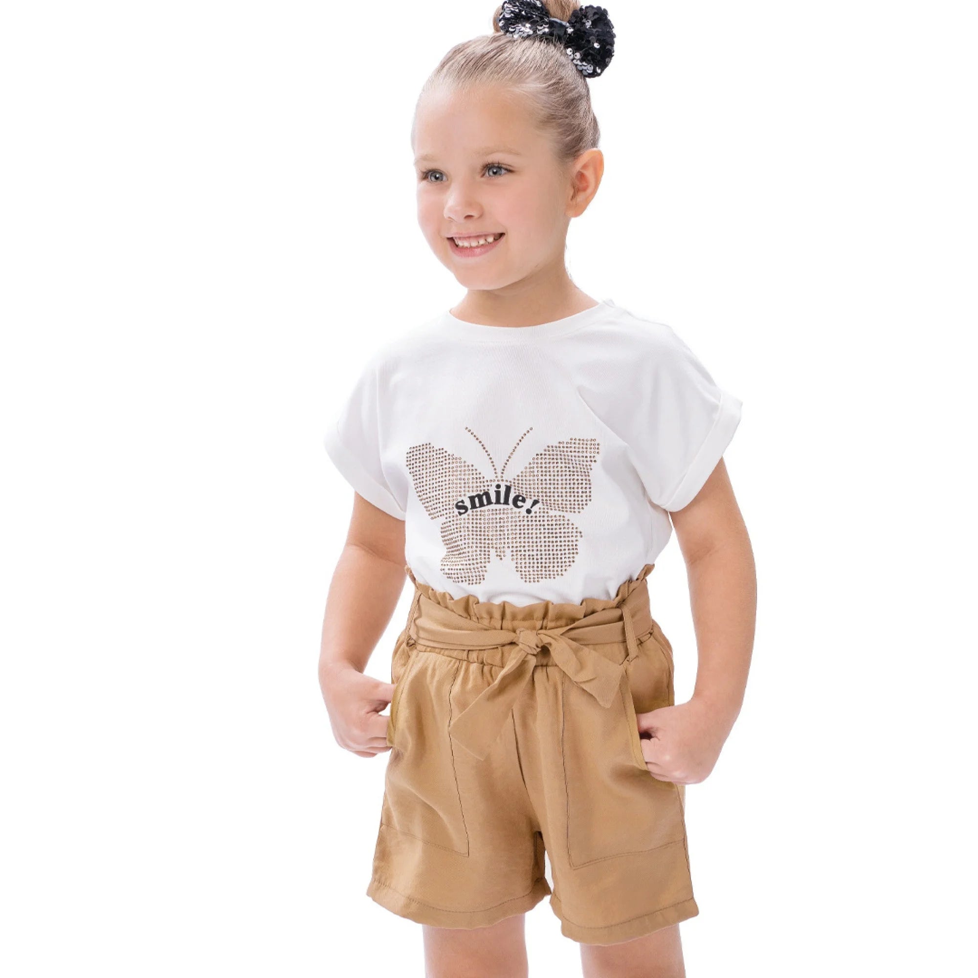 Energiers Girls' Set: Butterfly Blouse and Khaki Shorts with Belt