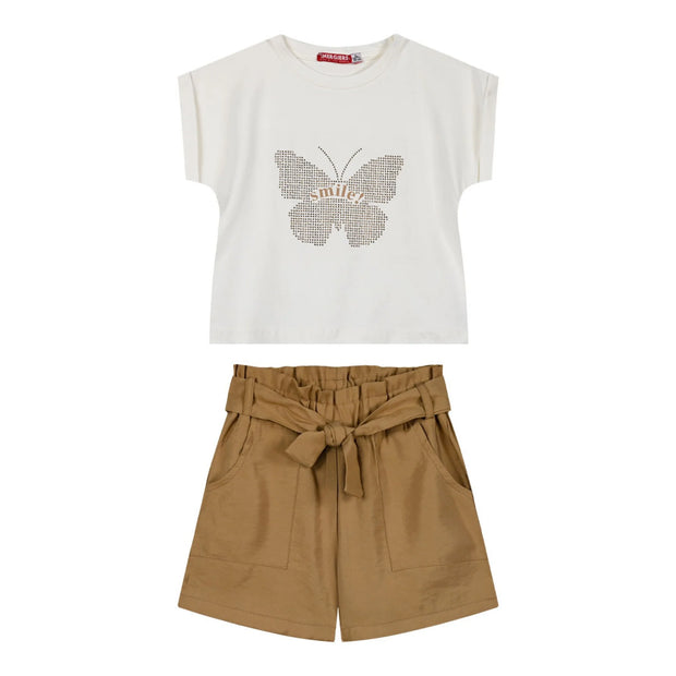 Energiers Girls' Set: Butterfly Blouse and Khaki Shorts with Belt