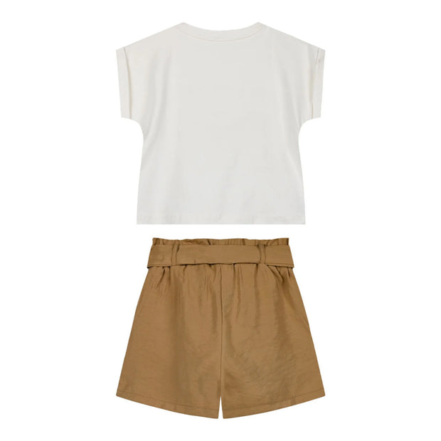 Energiers Girls' Set: Butterfly Blouse and Khaki Shorts with Belt