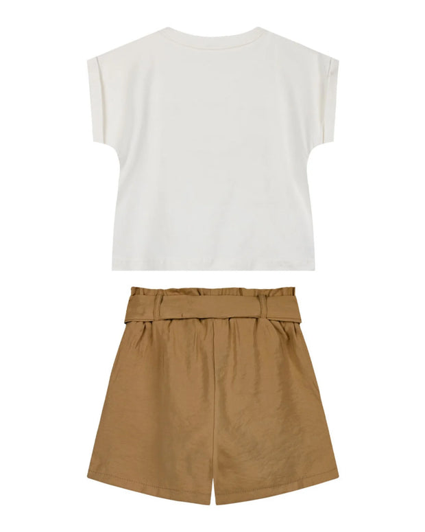 Energiers Girls' Set: Butterfly Blouse and Khaki Shorts with Belt