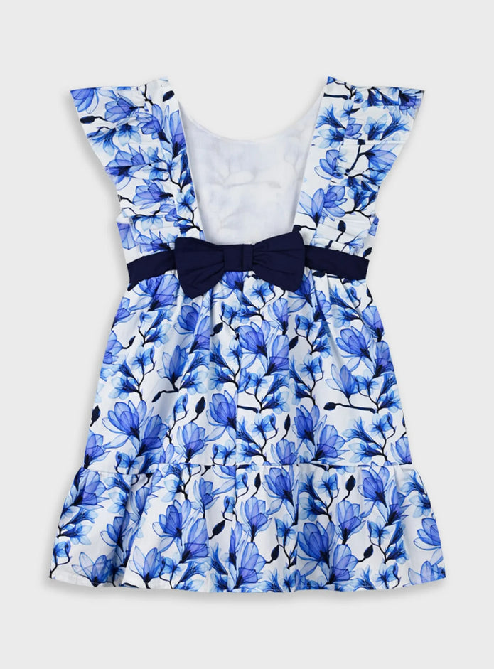 Παιδικό φόρεμα λευκό με μπλε λουλούδια και σκούρο μπλε φιόγκο στη μέση