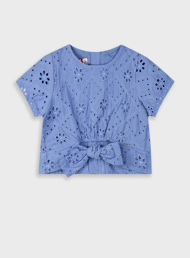 Παιδική γαλάζια μπλούζα Energiers με δαντελένιο μοτίβο λουλουδιών και φιόγκο