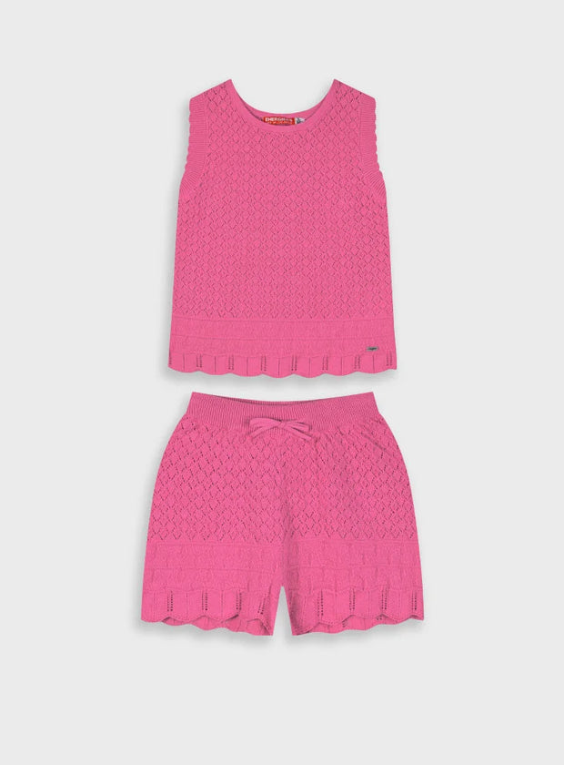Σετ Energiers κοριτσιού πλεκτό με ροζ αμάνικο τοπ και σορτσάκι με κυματιστό τελείωμα


