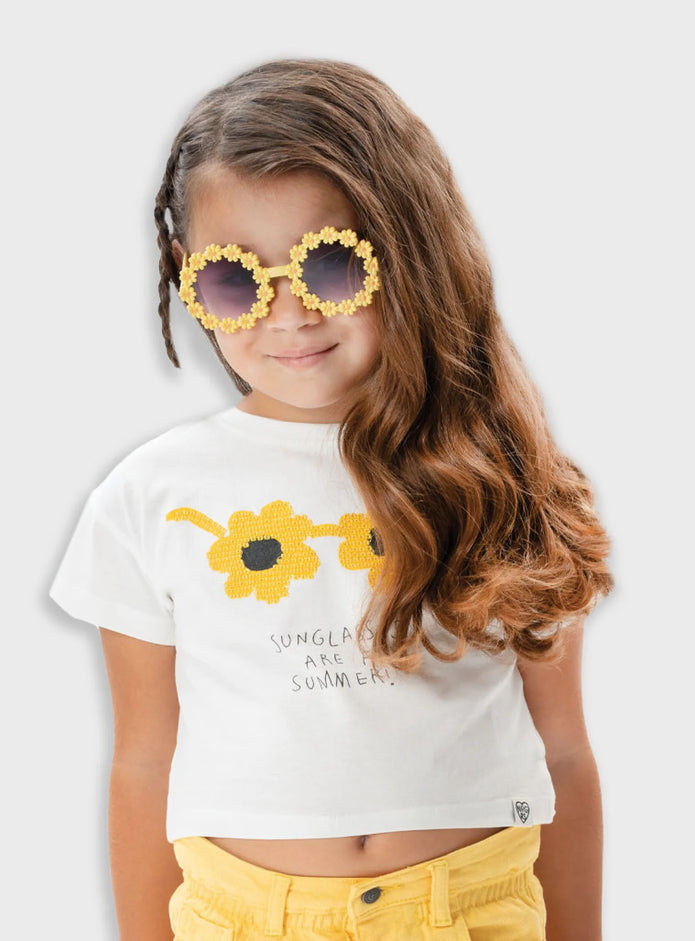 Παιδική λευκή μπλούζα Energiers με παγιέτες σε σχέδιο γυαλιά ηλίου και καλοκαιρινή στάμπα

