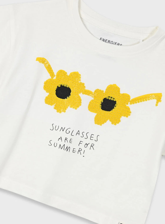 Παιδική λευκή μπλούζα Energiers με παγιέτες σε σχέδιο γυαλιά ηλίου και καλοκαιρινή στάμπα


