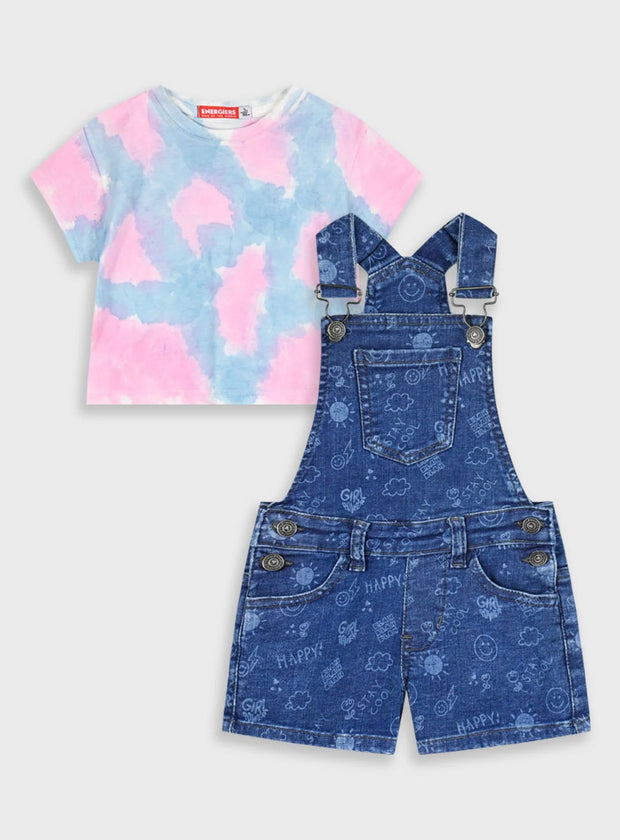 Βρεφικό σετ Energiers με ροζ-γαλάζιο tie-dye μπλουζάκι και μπλε τζιν σορτς-σαλοπέτα με πολύχρωμα prints
