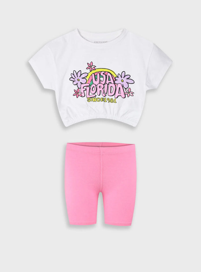 Παιδικό καλοκαιρινό σετ Energiers για κορίτσια με crop top "USA Florida" και ροζ κολάν